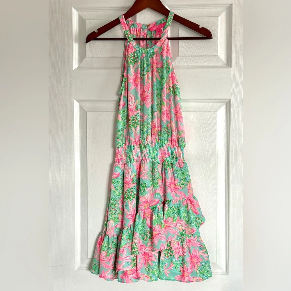 Lilly Pulitzer Pamelyn Flutter Halter Vibrant Colorful Floral Mini Dress Size 00 - Picture 6 of 15